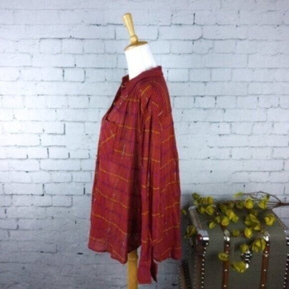 Free People Oversized Plaid Button Up Shirt Red - Picture 3 of 6